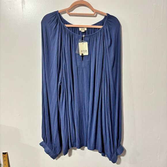 NWT A.N.A Women's Blouse Top Bijou Blue 5X Pleated Scoop Neck Balloon Sleeve - Picture 2 of 9